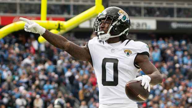 Jaguars receiver Calvin Ridley celebrates scoring a touchdown.